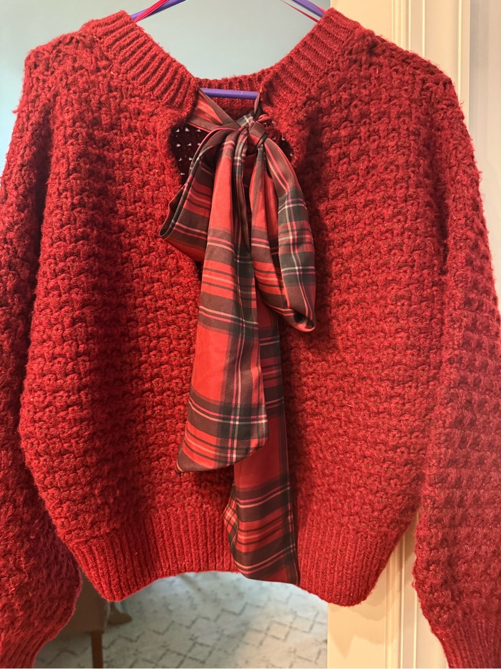 Altar’d State Betty Red Plaid Bow Back Sweater